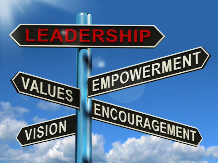 Leadership Signpost Shows Vision Values Empowerment and Encouragement